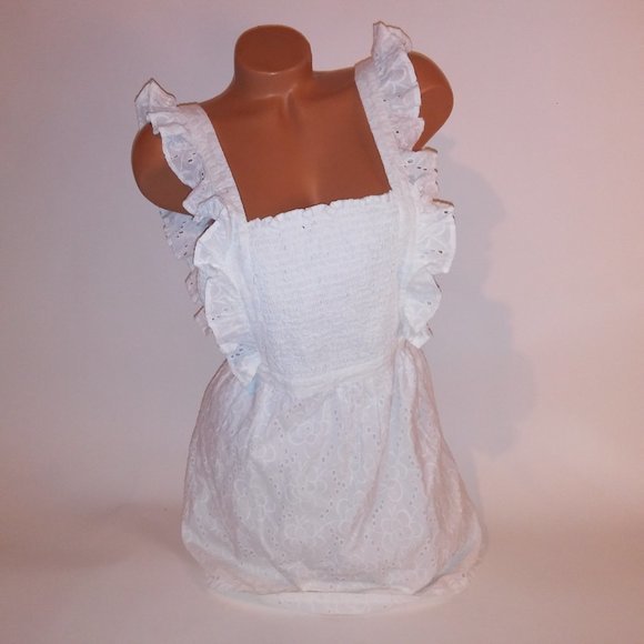 Lulus Dress XS White Eyelet Ruffle Zip Up Smocked Front Adjustable Straps Length - Picture 1 of 13
